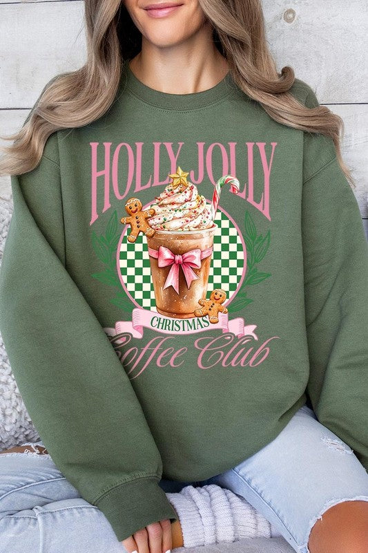 Product Name: Holly Jolly Christmas Coffee Club Sweatshirts

A person wearing a light pink unisex "Holly Jolly Christmas Coffee Club Sweatshirt," decorated with a festive coffee cup, gingerbread cookies, candy canes, and a green checkered background. This cozy sweater is perfect for family group uniforms during the holiday season.