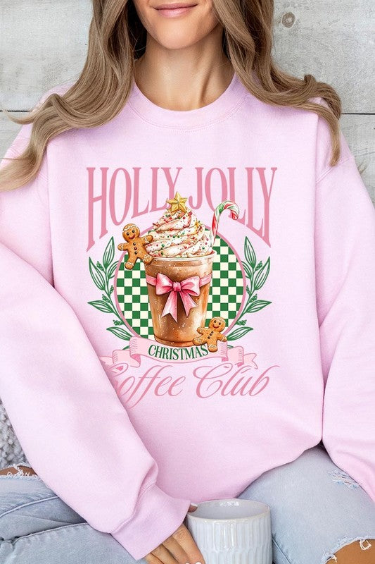 Product Name: Holly Jolly Christmas Coffee Club Sweatshirts

A person wearing a light pink unisex "Holly Jolly Christmas Coffee Club Sweatshirt," decorated with a festive coffee cup, gingerbread cookies, candy canes, and a green checkered background. This cozy sweater is perfect for family group uniforms during the holiday season.