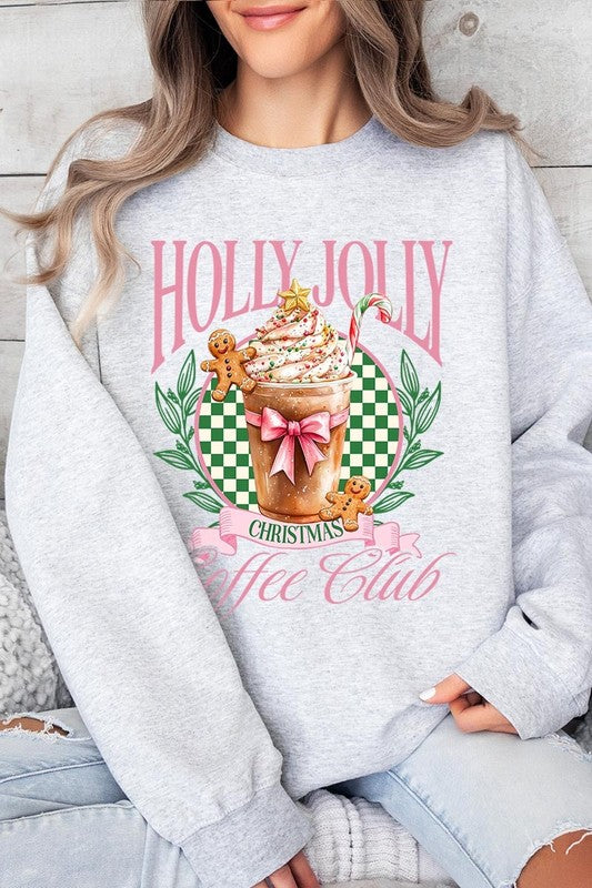 Product Name: Holly Jolly Christmas Coffee Club Sweatshirts

A person wearing a light pink unisex "Holly Jolly Christmas Coffee Club Sweatshirt," decorated with a festive coffee cup, gingerbread cookies, candy canes, and a green checkered background. This cozy sweater is perfect for family group uniforms during the holiday season.