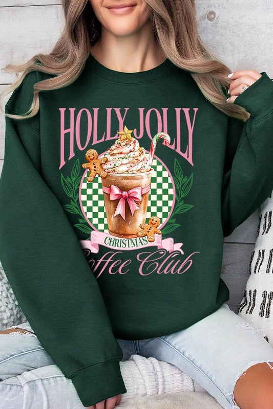 Product Name: Holly Jolly Christmas Coffee Club Sweatshirts

A person wearing a light pink unisex "Holly Jolly Christmas Coffee Club Sweatshirt," decorated with a festive coffee cup, gingerbread cookies, candy canes, and a green checkered background. This cozy sweater is perfect for family group uniforms during the holiday season.