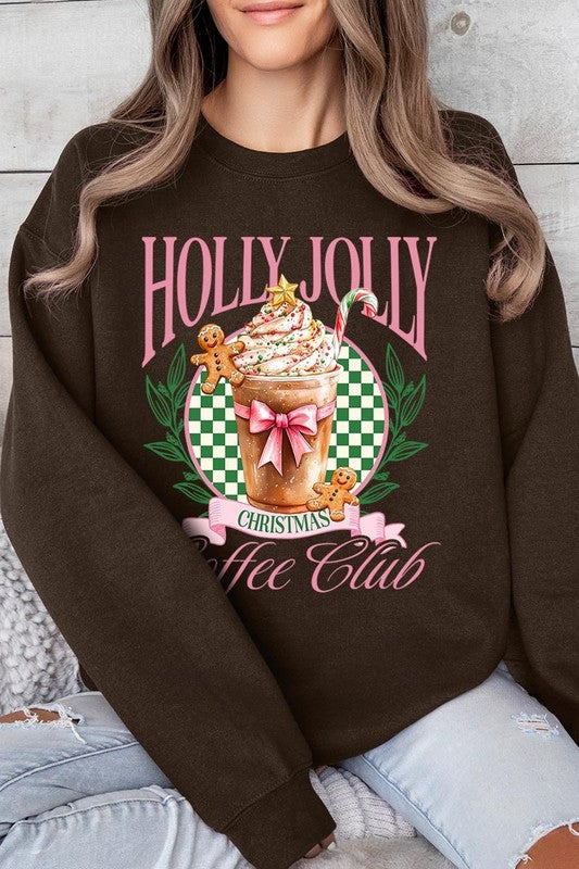 Product Name: Holly Jolly Christmas Coffee Club Sweatshirts

A person wearing a light pink unisex "Holly Jolly Christmas Coffee Club Sweatshirt," decorated with a festive coffee cup, gingerbread cookies, candy canes, and a green checkered background. This cozy sweater is perfect for family group uniforms during the holiday season.