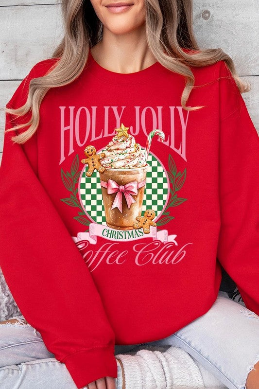 Product Name: Holly Jolly Christmas Coffee Club Sweatshirts

A person wearing a light pink unisex "Holly Jolly Christmas Coffee Club Sweatshirt," decorated with a festive coffee cup, gingerbread cookies, candy canes, and a green checkered background. This cozy sweater is perfect for family group uniforms during the holiday season.