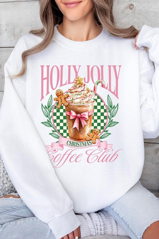 Product Name: Holly Jolly Christmas Coffee Club Sweatshirts

A person wearing a light pink unisex "Holly Jolly Christmas Coffee Club Sweatshirt," decorated with a festive coffee cup, gingerbread cookies, candy canes, and a green checkered background. This cozy sweater is perfect for family group uniforms during the holiday season.