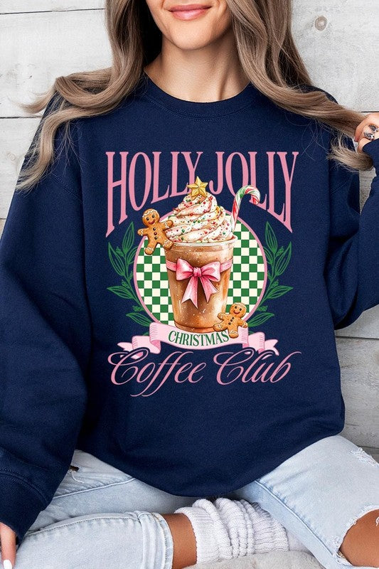 Product Name: Holly Jolly Christmas Coffee Club Sweatshirts

A person wearing a light pink unisex "Holly Jolly Christmas Coffee Club Sweatshirt," decorated with a festive coffee cup, gingerbread cookies, candy canes, and a green checkered background. This cozy sweater is perfect for family group uniforms during the holiday season.