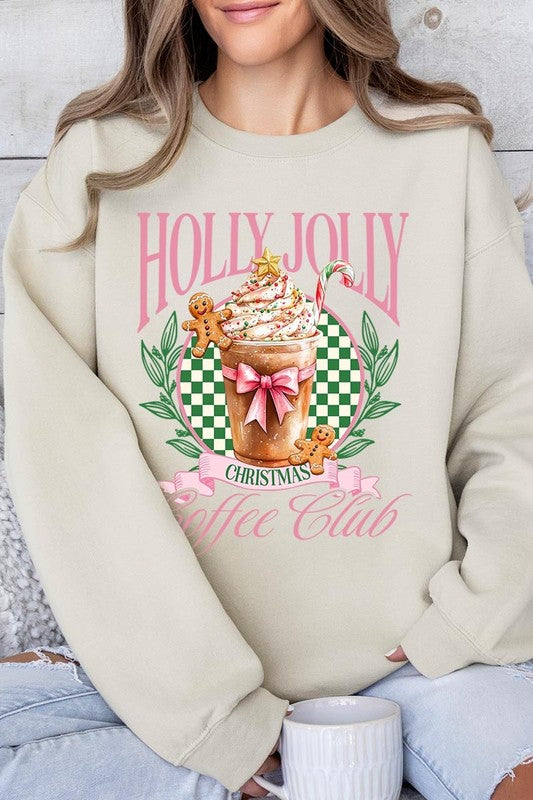 Product Name: Holly Jolly Christmas Coffee Club Sweatshirts

A person wearing a light pink unisex "Holly Jolly Christmas Coffee Club Sweatshirt," decorated with a festive coffee cup, gingerbread cookies, candy canes, and a green checkered background. This cozy sweater is perfect for family group uniforms during the holiday season.