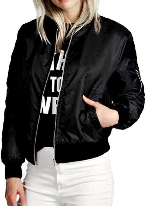 A person with a ponytail is wearing the Women Bomber Jacket in a sleek black design, expertly zipping it up over a white crop top, and pairing it with black polyester shorts trimmed in white.