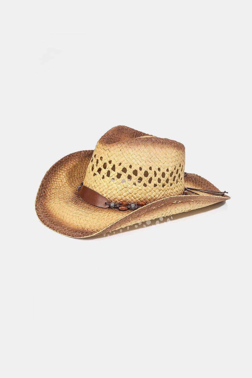 The Fame Cutout Wide Brim Straw Hat is a chic accessory featuring a brown leather band with decorative beads. Its fashionable cutout detailing and patterned, vented crown make it both stylish and functional.