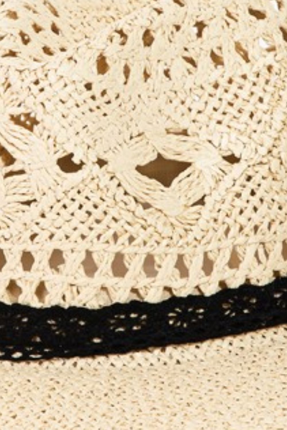 The Fame Openwork Lace Detail Wide Brim Hat is an elegant straw hat with a black trim, featuring intricate openwork lace that provides enhanced sun protection on a white background.