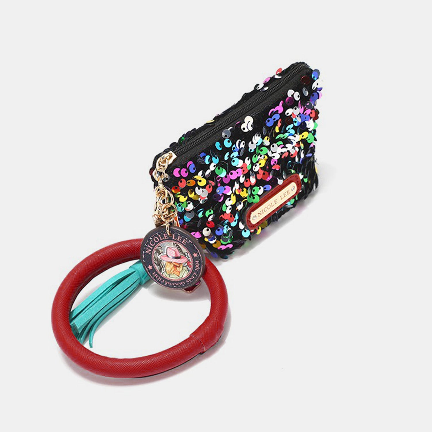 The Nicole Lee USA Sequin Pouch Wristlet Keychain features a black sequin coin purse attached to a red, round keychain holder, combining both fashion and functionality.