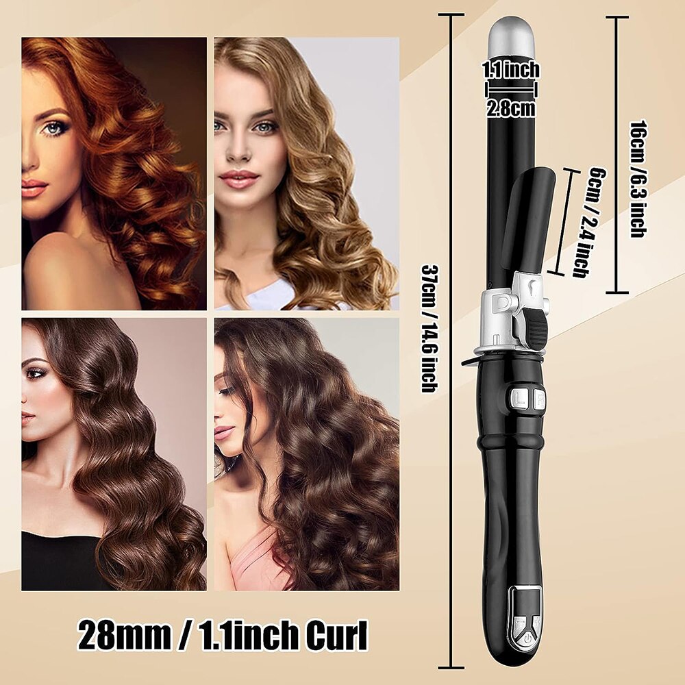 Smiling woman with voluminous curly hair next to a 25/28/32mm Ceramic Barrel Hair Curlers Automatic Rotating Curling Iron on a white background.