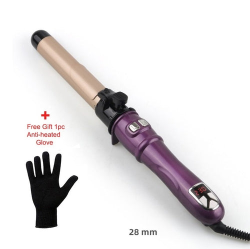 Smiling woman with voluminous curly hair next to a 25/28/32mm Ceramic Barrel Hair Curlers Automatic Rotating Curling Iron on a white background.