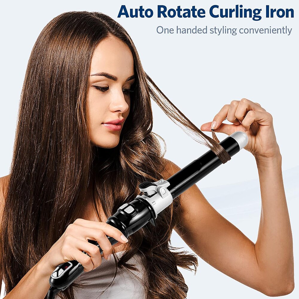 Smiling woman with voluminous curly hair next to a 25/28/32mm Ceramic Barrel Hair Curlers Automatic Rotating Curling Iron on a white background.