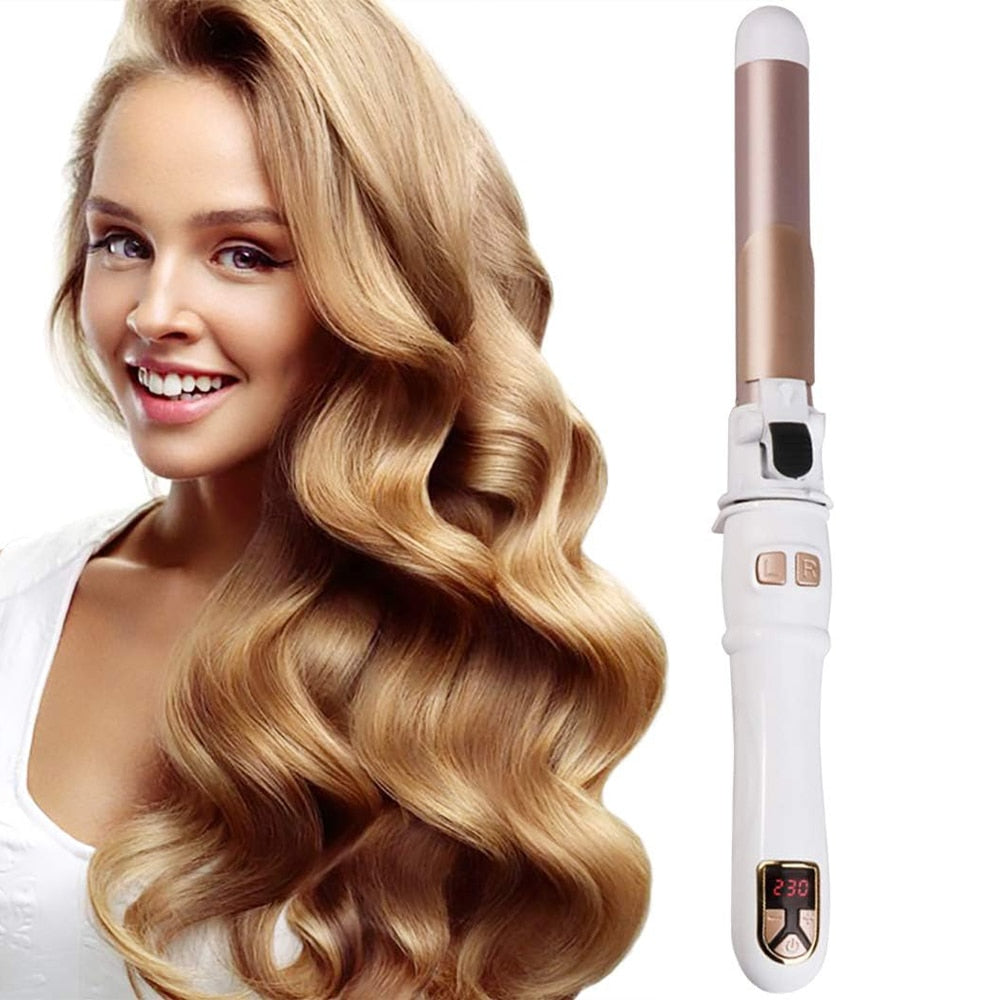Smiling woman with voluminous curly hair next to a 25/28/32mm Ceramic Barrel Hair Curlers Automatic Rotating Curling Iron on a white background.