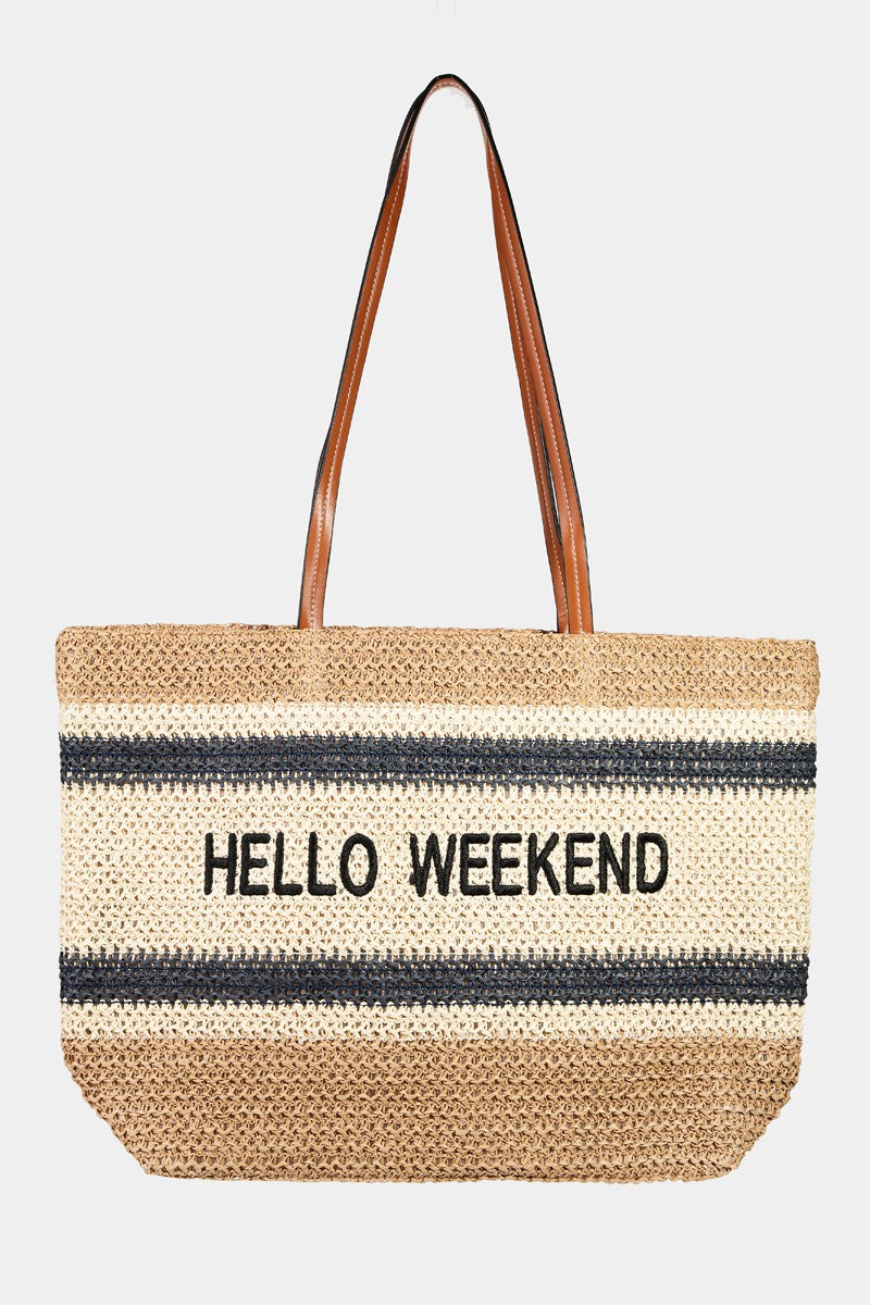 Introducing the Fame Letter Graphic Striped Tote Bag, a chic accessory designed with brown handles and featuring "HELLO WEEKEND" in bold black lettering on the front. Its classic style makes it a perfect companion for any outing.