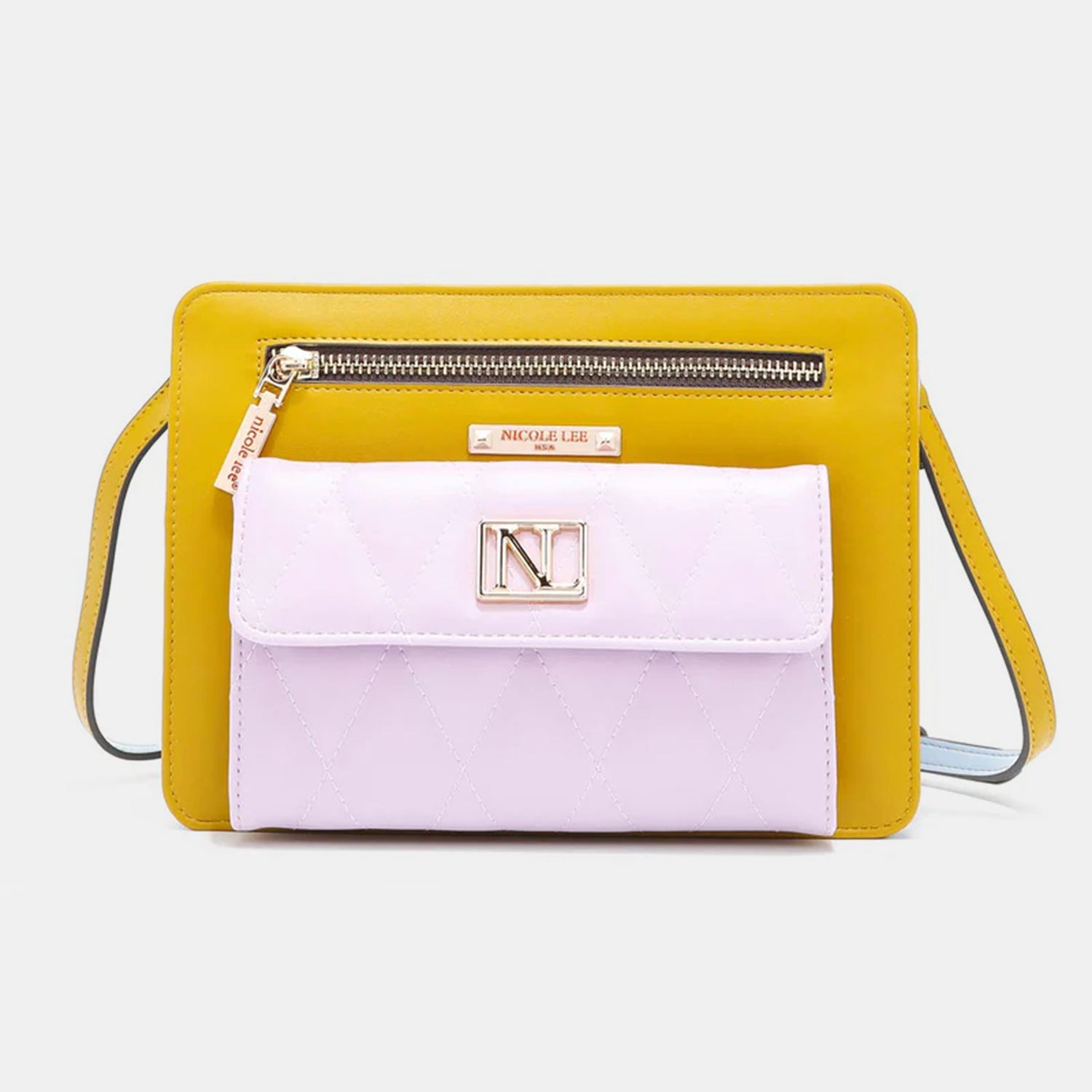 Introducing the Nicole Lee USA Color Block Crossbody Bag, a chic two-tone handbag crafted from vegan leather. It features a stylish white background with a green quilted front pocket, complemented by a gold clasp and zipper for an elegant finish.