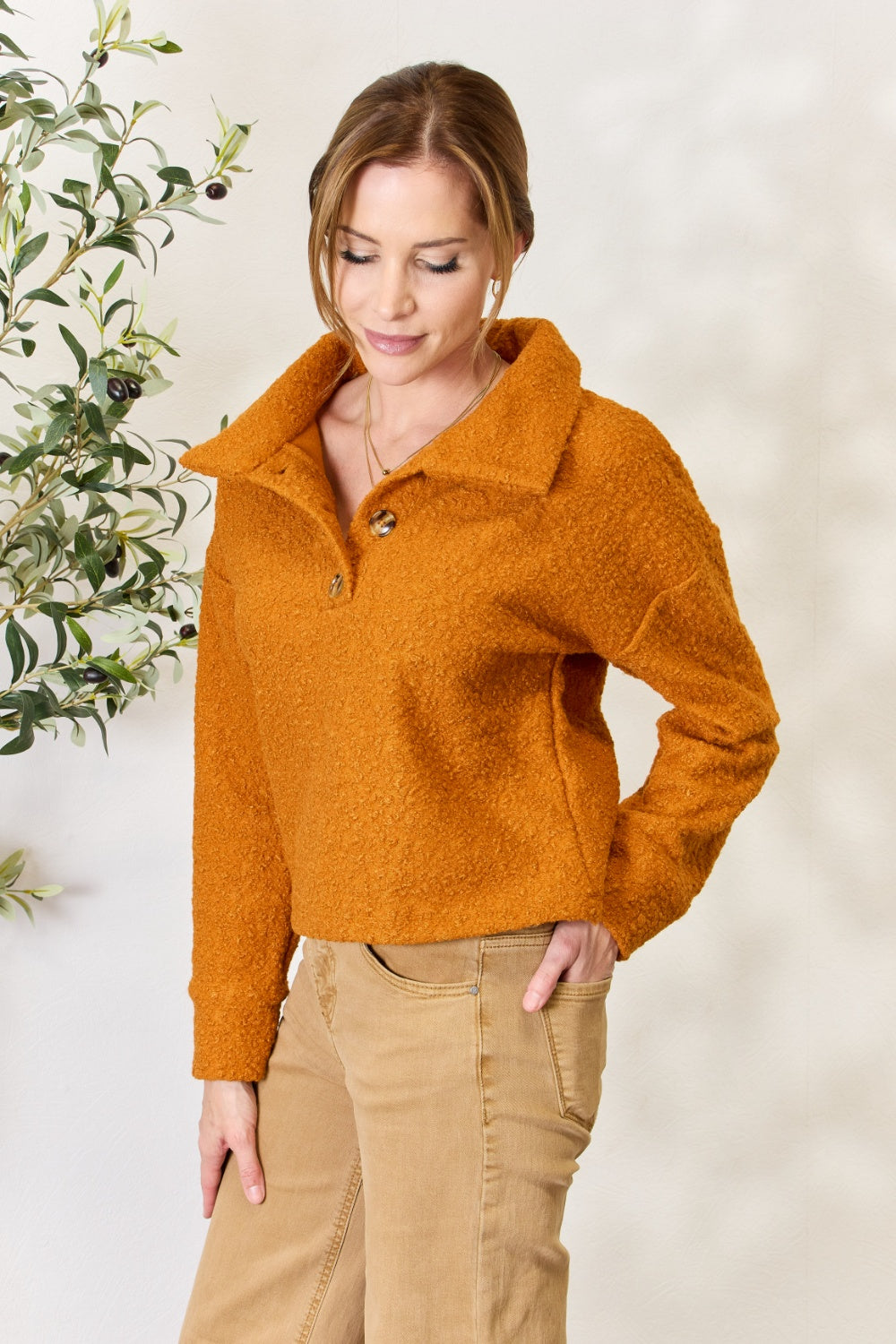 A person wears a brown textured Culture Code Full Size Half Button Turtleneck Sweatshirt made from breathable fabrics and tan pants, standing next to a leafy plant against a light background.