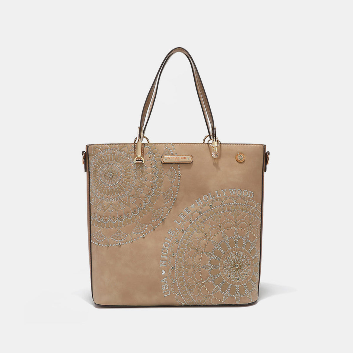 The Nicole Lee USA Metallic Stitching Embroidery Inlaid Rhinestone Tote Bag is a medium shopper in brown, crafted from vegan leather with intricate white mandala patterns and text that reads "USA Nicole Lee Hollywood." It features two shoulder straps, diamond rhinestones, and a decorative emblem on the front.