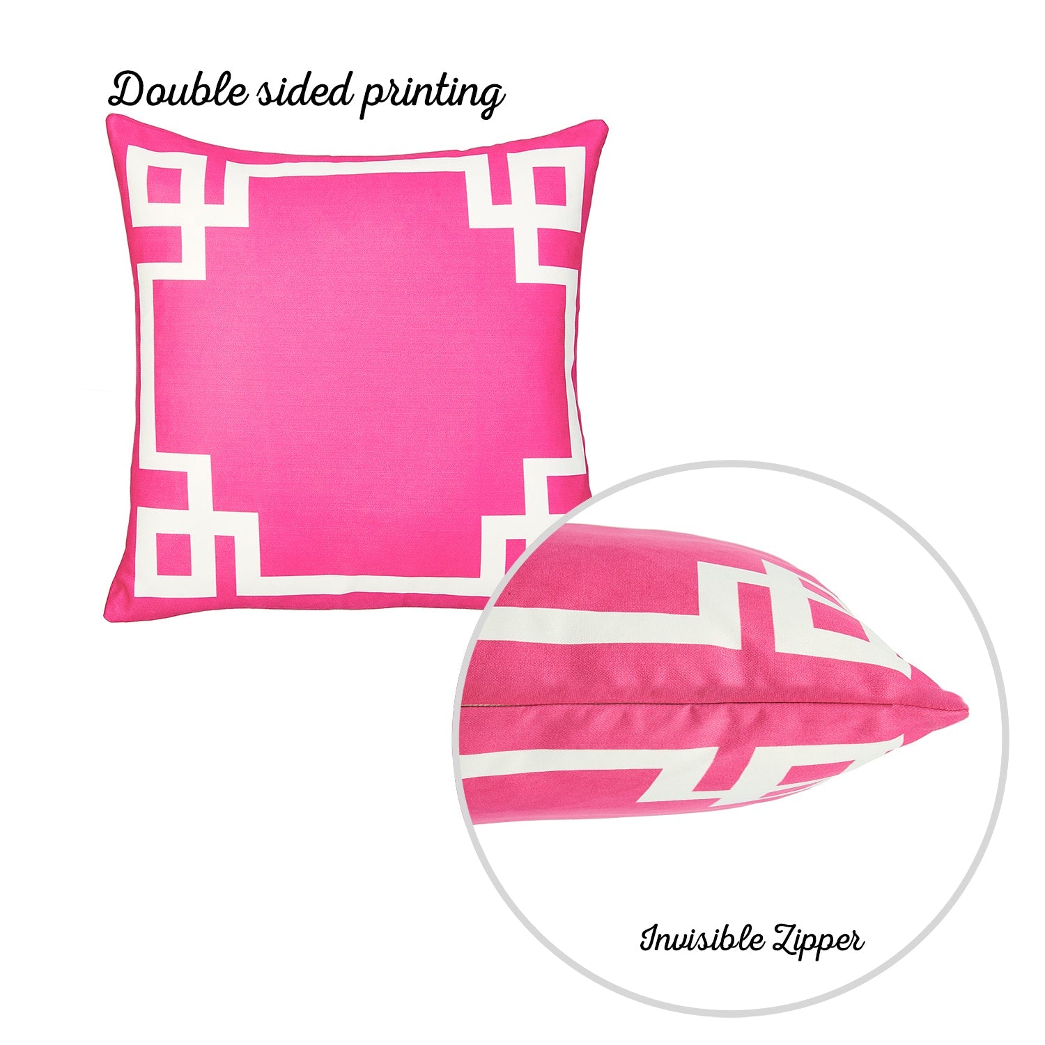 A round black wire chair, adorned with a Geometric Pink&White Square 18" Throw Pillow Cover & Insert, featuring high-quality digital printing, sits indoors on a wooden floor near a plant.