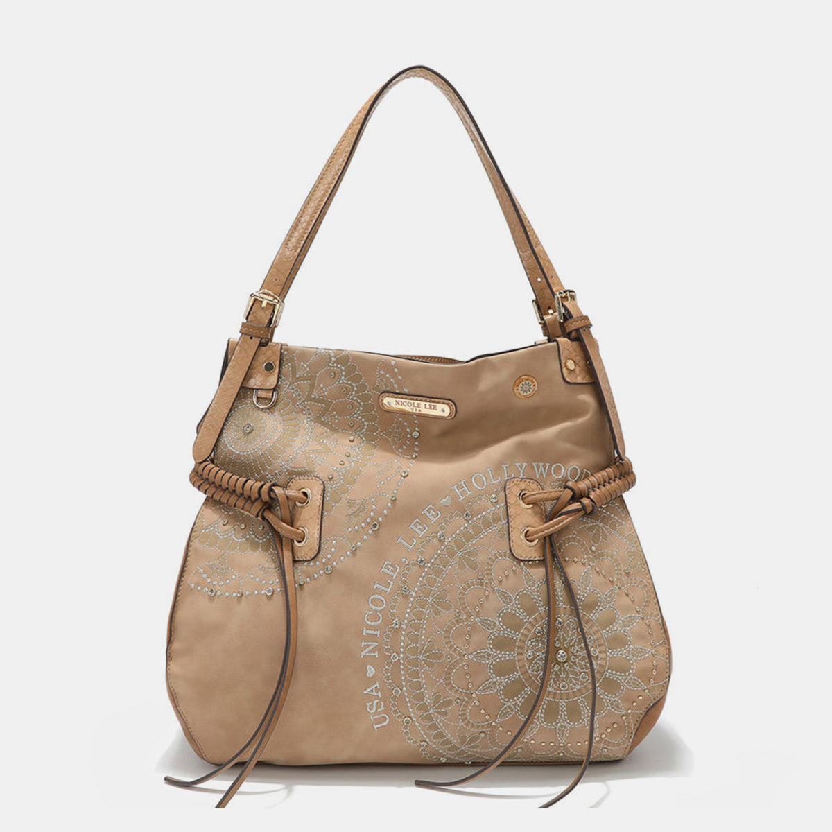 The Nicole Lee USA Side Braided Tassel Inlaid Rhinestone Embroidery Hobo Bag features intricately designed white mandala patterns on brown vegan leather, along with "Nicole Lee Hollywood USA" text. It includes top handles and decorative braided accents, as well as adjustable dual shoulder straps for added versatility.