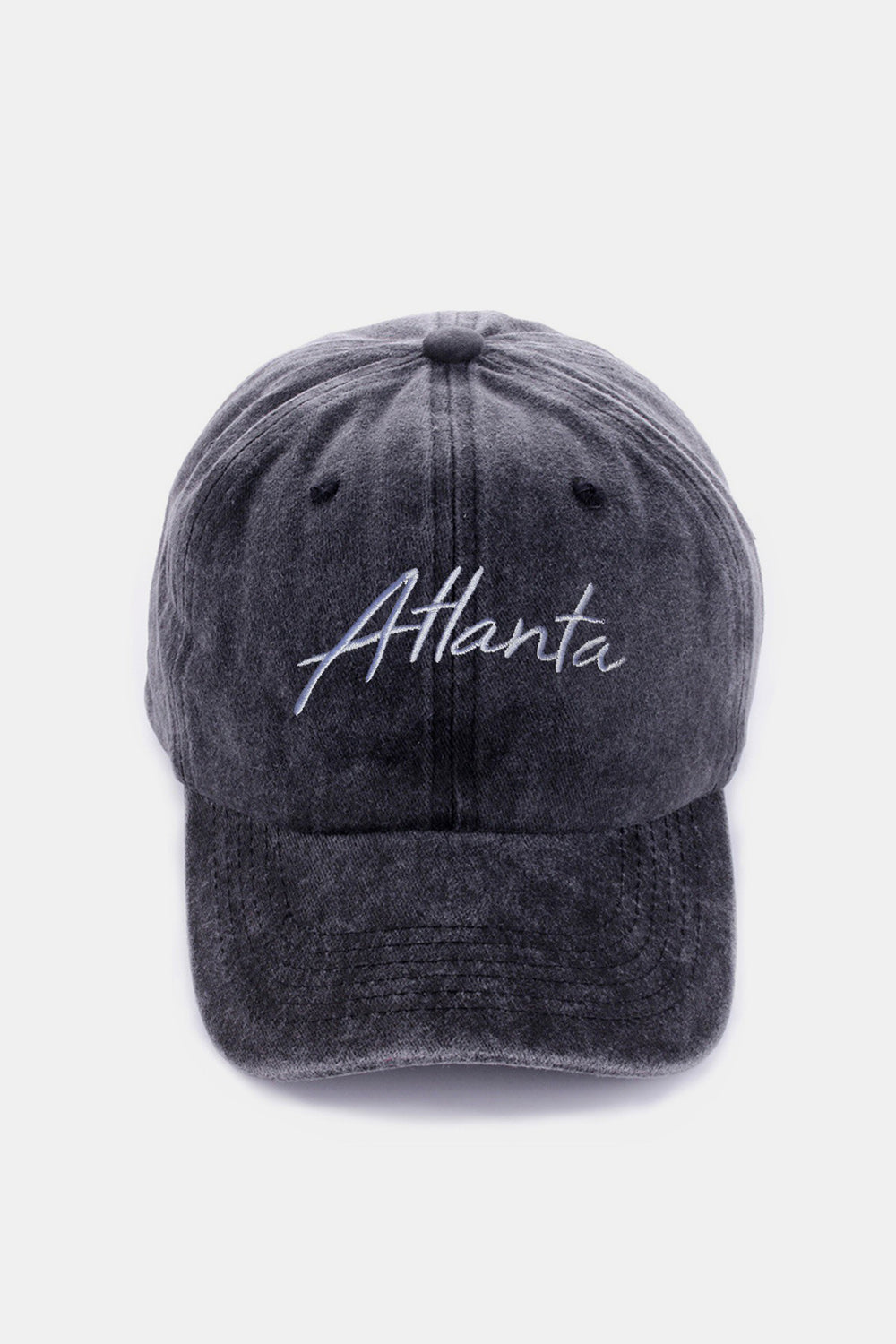 The Zenana Washed ATLANTA Embroidered Baseball Cap is a vintage style accessory, showcasing the word "Atlanta" embroidered in white on its blue denim front.