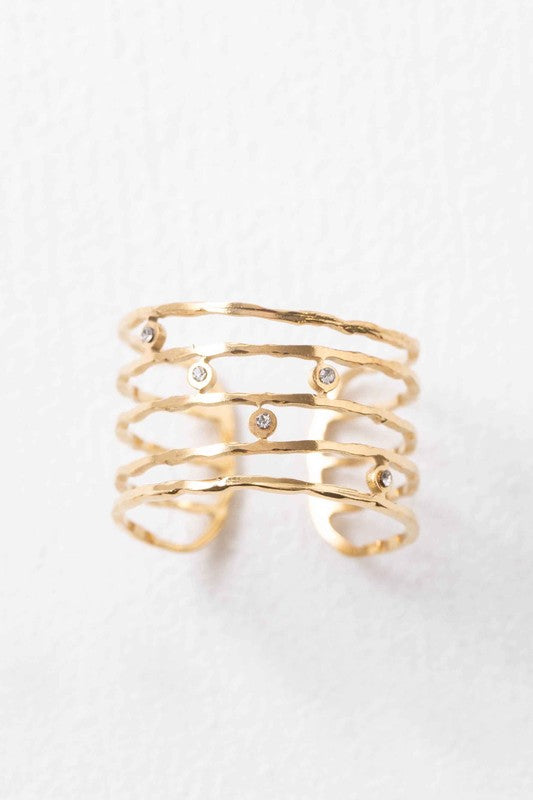 Twig Adjustable Ring with embedded crystals on a white background, featuring 14k Gold Plating.
