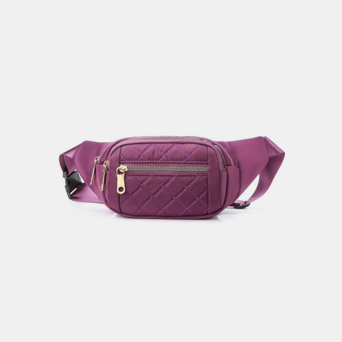 The Zenana Quilted Multi Pocket Waist Belt Bag in black features gold zippers, an adjustable strap, and multiple pockets for hands-free carrying.