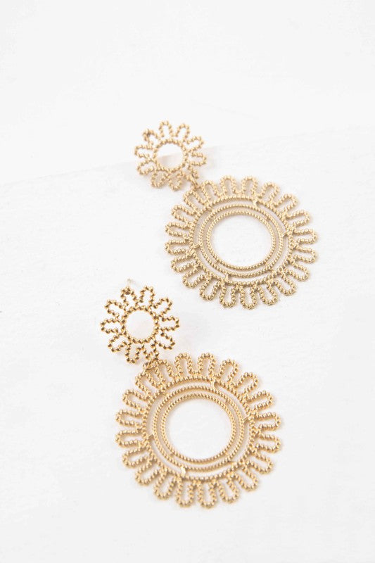 A pair of intricate Lace Flower Drop Earrings with a floral lace design displayed against a white background.