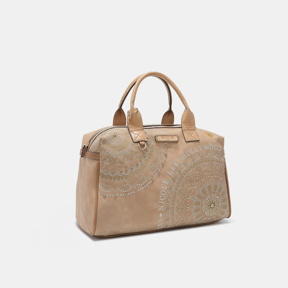 A beige Nicole Lee USA rhinestone Decor Boston Bag with short handles and a rounded top, featuring intricate floral patterns and the text "Nicole Lee Hollywood USA" in white, crafted from vegan leather.