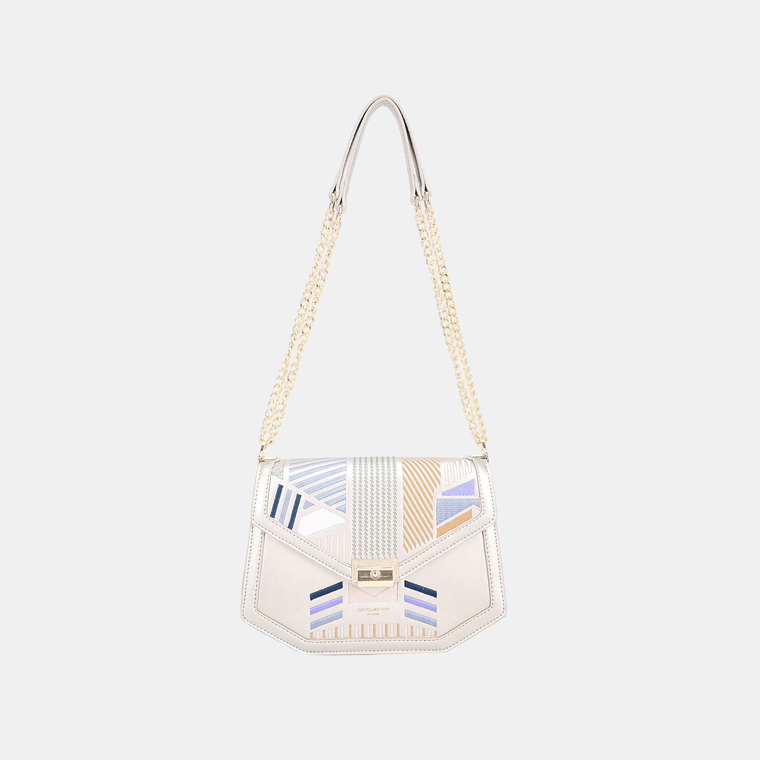 The David Jones Geometric Print Crossbody Bag features a white base adorned with colorful geometric patterns and is complemented by a stylish chain shoulder strap, making it a trendy accessory.