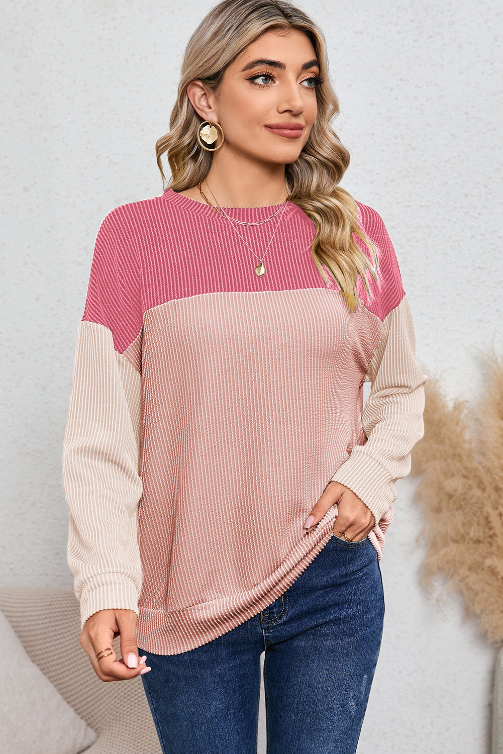 Wholesale Black Color Block Corduroy Long Sleeve Tops.