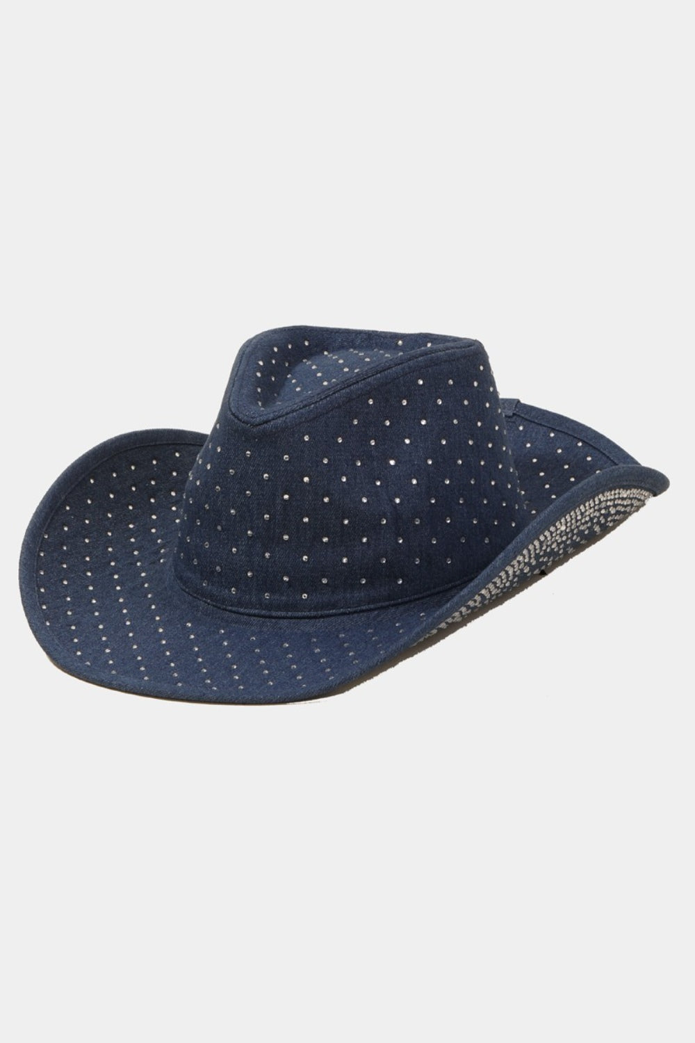 The Fame Rhinestone Wide Brim Denim Hat features a navy-blue design adorned with silver rhinestone embellishments on a white background.