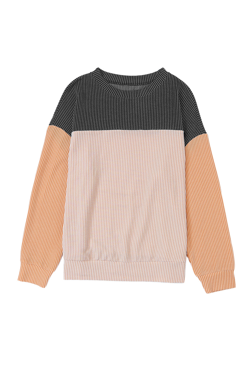 Wholesale Black Color Block Corduroy Long Sleeve Tops.