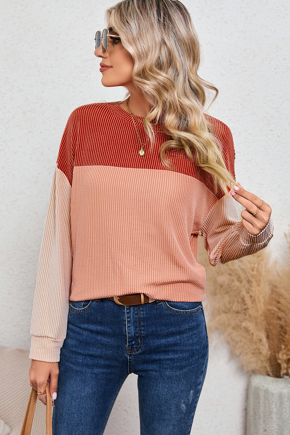 Wholesale Black Color Block Corduroy Long Sleeve Tops.