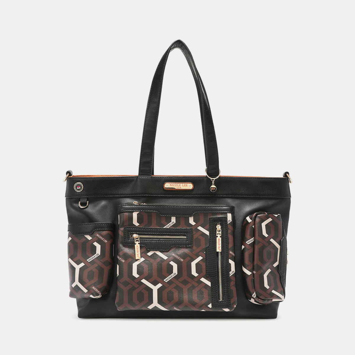 The Nicole Lee USA Geometric Pattern Large Handbag is a stylish women's handbag crafted from black vegan leather, adorned with versatile geometric designs in brown and beige on its front pockets.