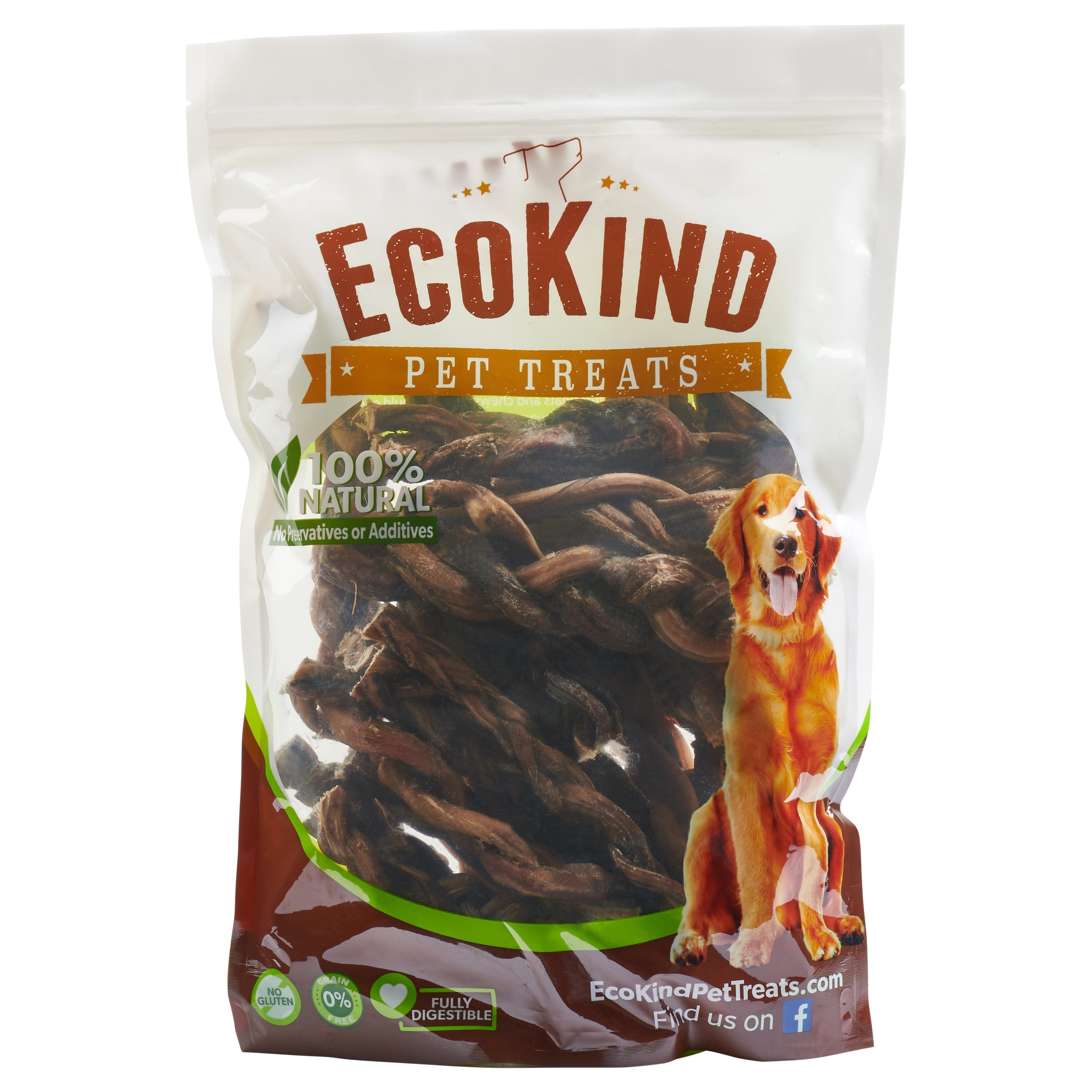 Bag of Grass-Fed Beef Braided Bully Sticks, featuring chicken-flavored EcoKind pet treats with an image of a happy dog on the packaging. These all-natural dog chews are crafted from grass-fed cattle, with braided bully sticks prominently displayed in front for your furry friend's delight.