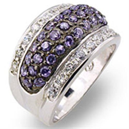 30611 - Rhodium + Ruthenium 925 Sterling Silver Ring featuring two bands of amethyst gemstones flanked by rows of small diamonds on a white background.