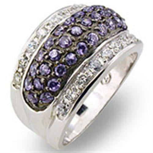 30611 - Rhodium + Ruthenium 925 Sterling Silver Ring featuring two bands of amethyst gemstones flanked by rows of small diamonds on a white background.