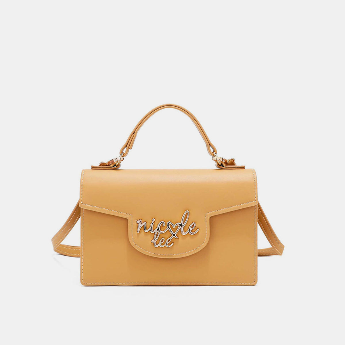 The Nicole Lee USA Small Crossbody Wallet in bright yellow features a handle and flap closure, accented with "nicole lee" in metallic letters on the front. It also includes an adjustable crossbody strap for versatile wear.