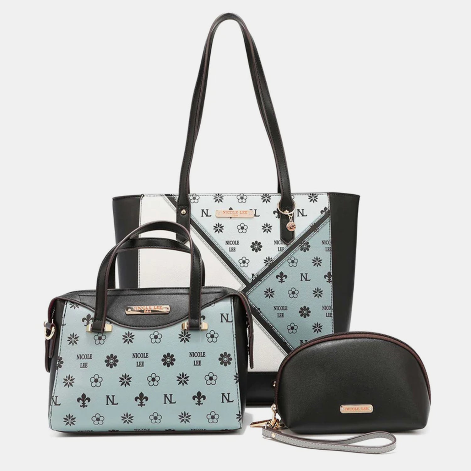 The Nicole Lee USA 3-Piece Color Block Handbag Set is a stylish collection that includes three blue and white vegan leather bags with black straps: a versatile tote bag, a chic small handbag, and an elegant round wristlet with a strap.