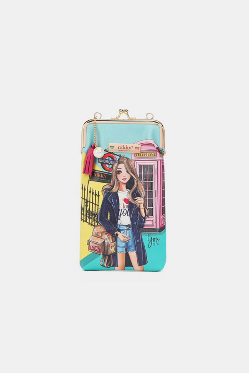 The Nicole Lee USA Printed Kisslock Phone and Sunglass Purse is a small white crossbody bag made of eco-leather with a gold chain strap, featuring an illustration of three cartoon girls and the text "Fierce and Forever.