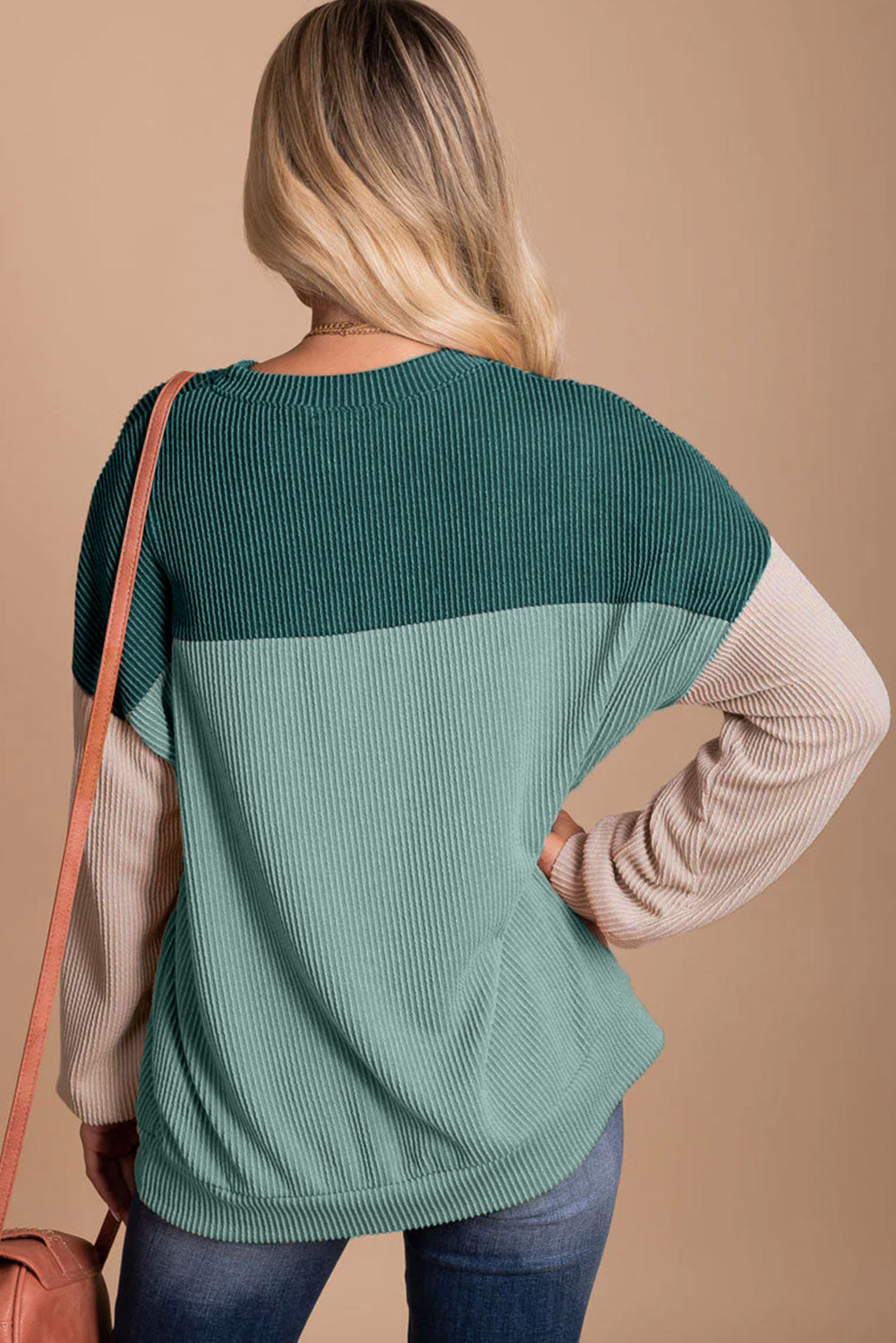 Wholesale Black Color Block Corduroy Long Sleeve Tops.