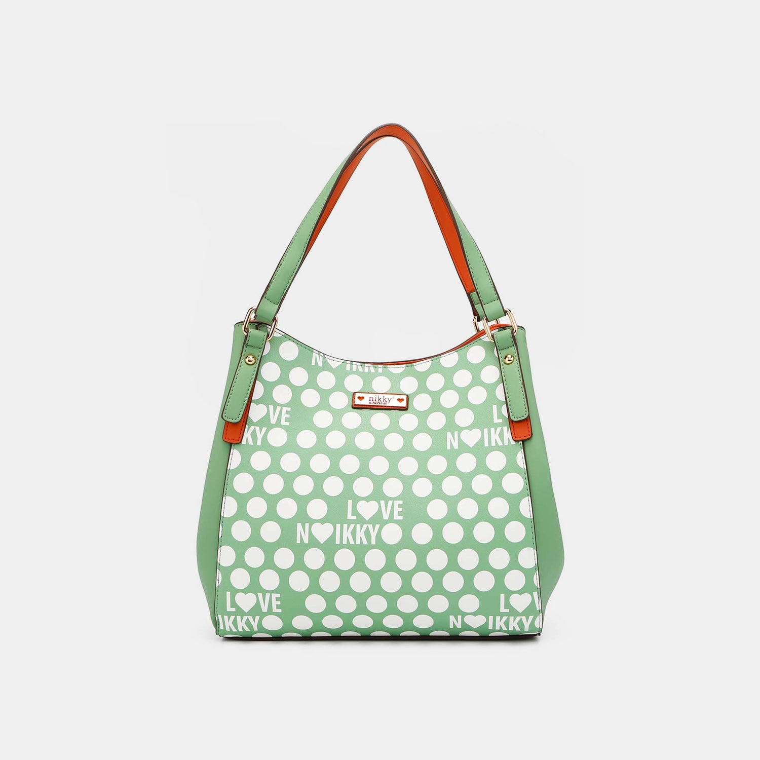 Nicole Lee USA Contrast Polka Dot Handbag made of vegan leather, featuring a green and white polka dot design, an "I LOVE NIKKY" text pattern, and a vibrant orange interior lining.