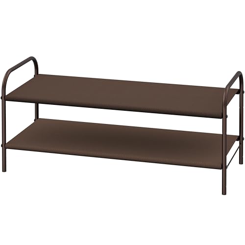 A modern Simple Houseware 4-Tier Shoe Rack Storage Organizer 20-Pair, Grey made of metal with gray fabric shelves.