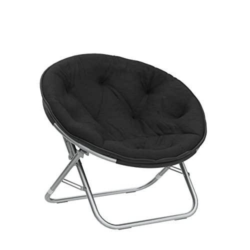 A black, round, collapsible Faux Fur Saucer Chair with a soft cushioned seat and a metallic frame.