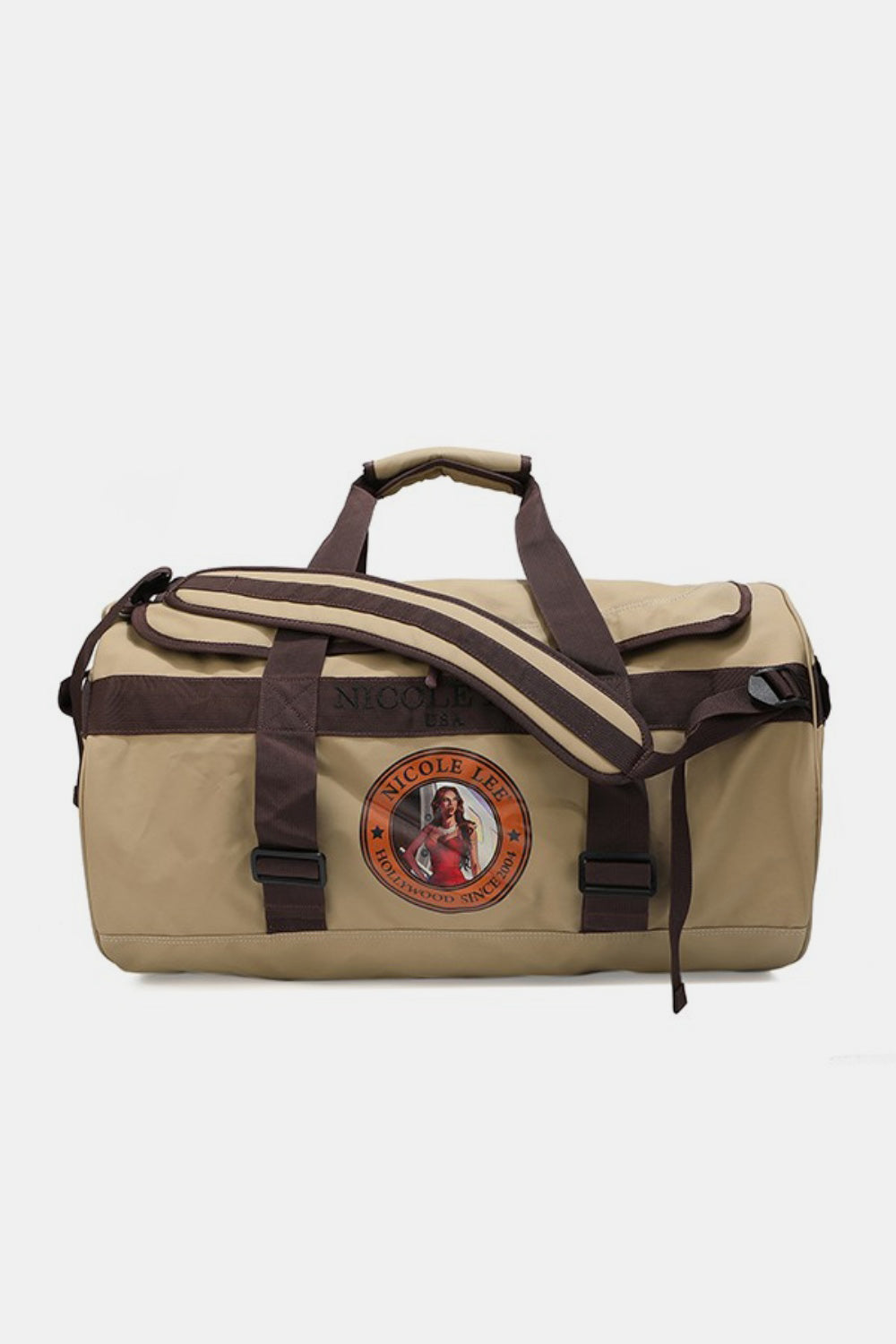 The Nicole Lee USA Large Duffel Bag is a lightweight, green bag with black straps and handles, featuring the "Nicole Lee USA" logo in the center and offering versatile carrying options.