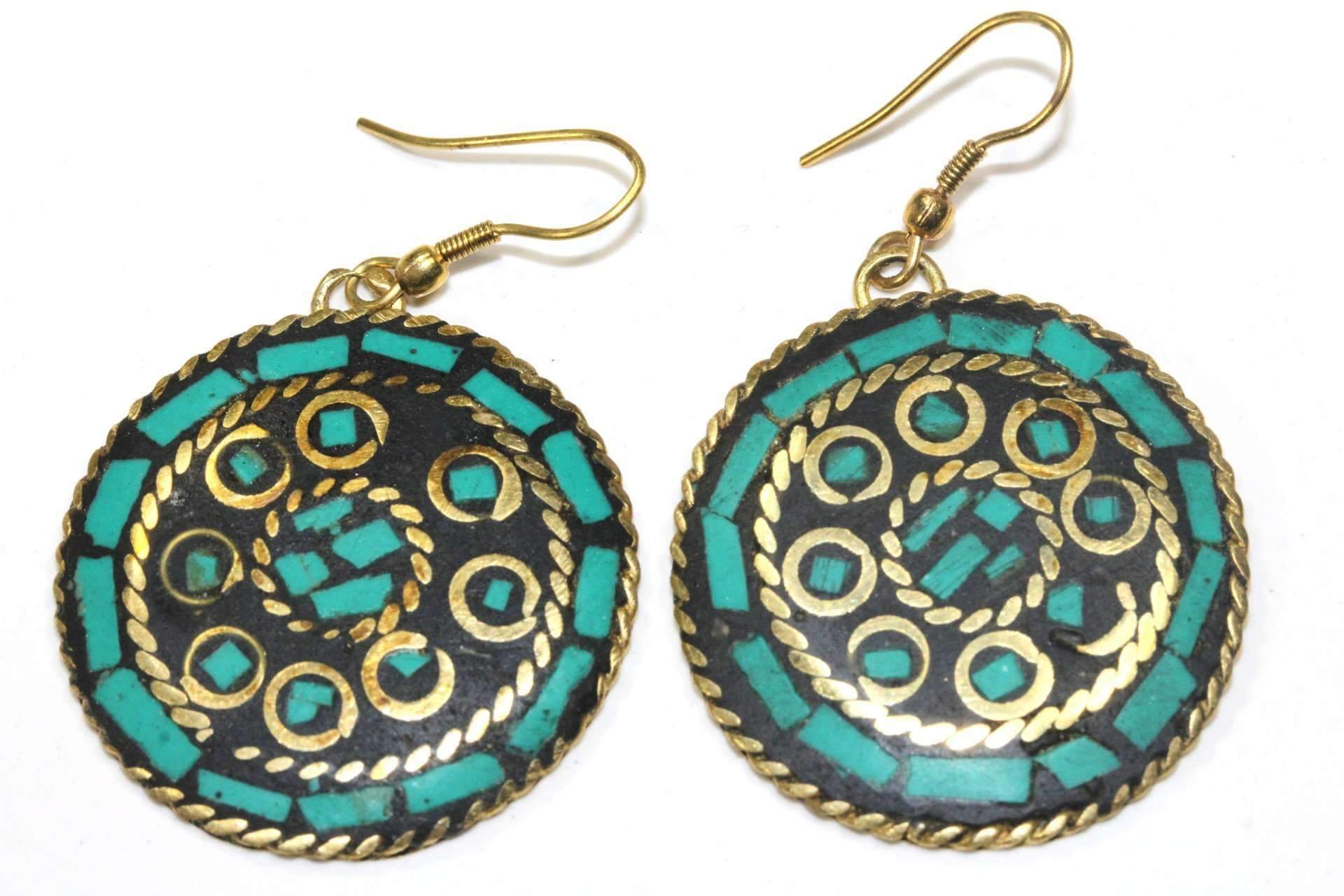 A pair of Mosaic Round Earrings with gold accents, displayed on a white background.