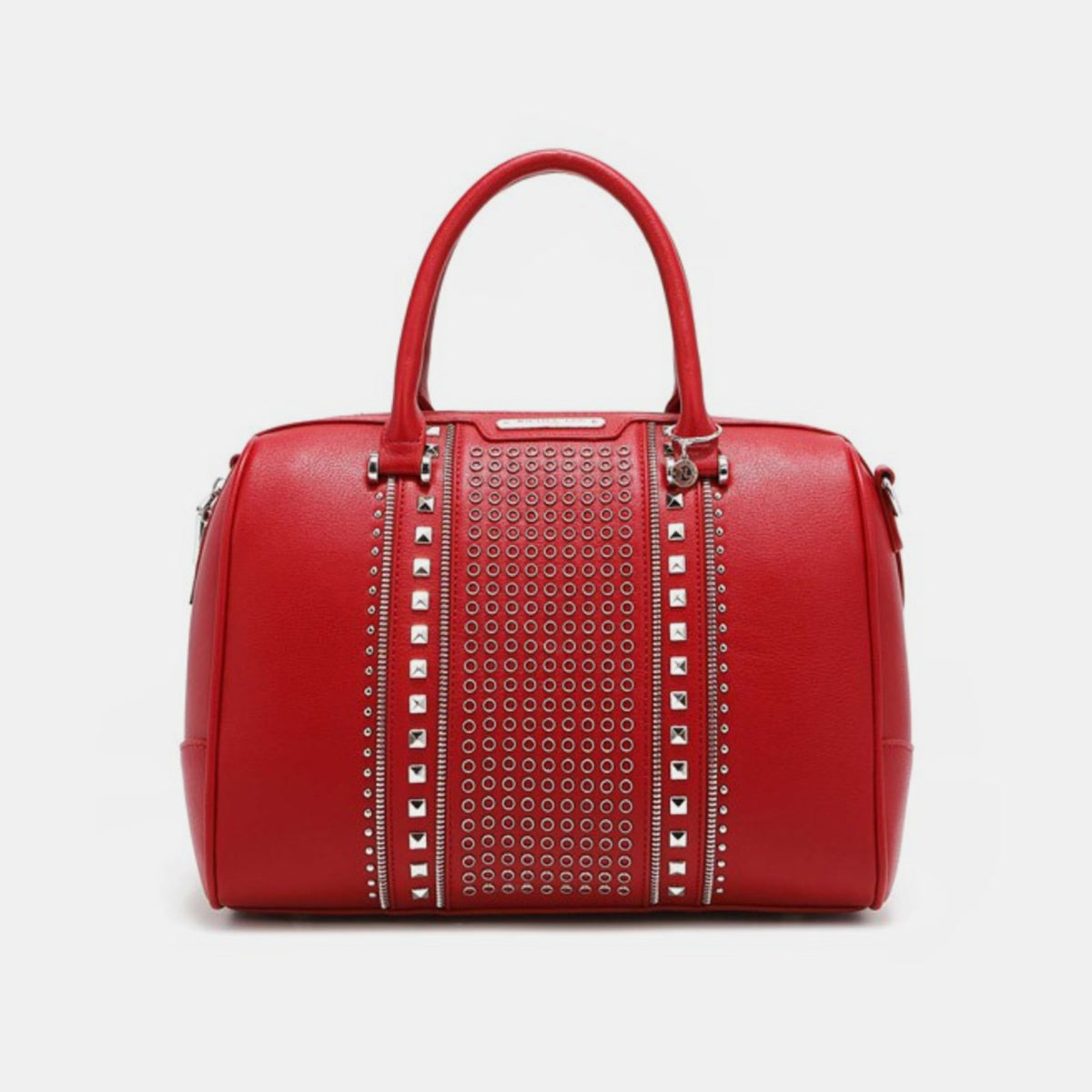 Nicole Lee USA Studded Boston Bag, crafted from luxurious vegan leather in red, showcases a design with two handles and metallic stud and ring embellishments on the front.