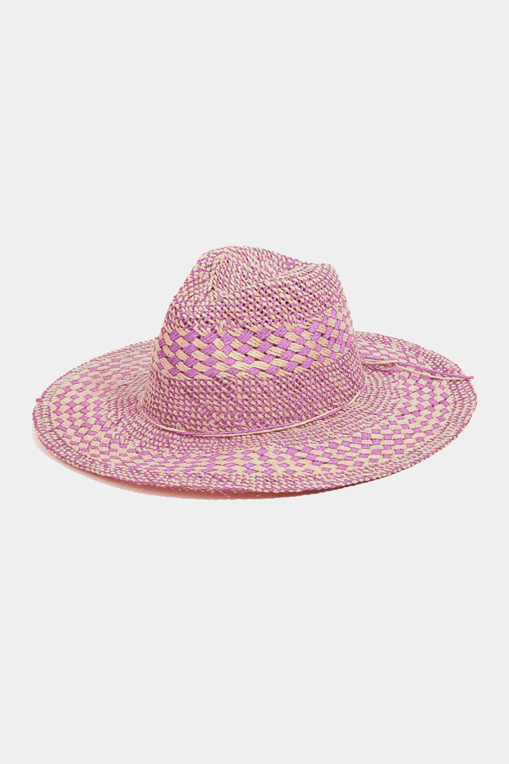 The Fame Checkered Straw Weave Sun Hat, featuring a sophisticated pink and purple checkered design, is elegantly displayed on a white background, highlighting its wide brim.