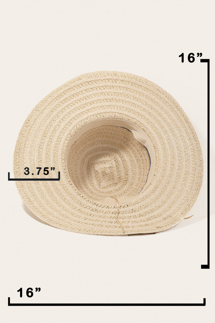 The Fame Contrast Straw Braided Sun Hat is a wide-brimmed hat featuring alternating bands of light and dark brown.