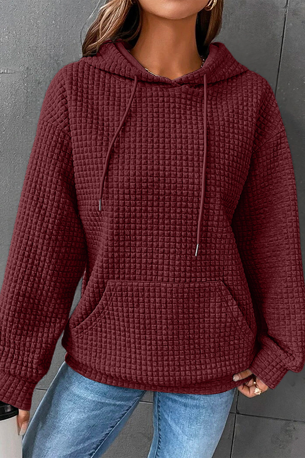 Fiery Red Quilted Kangaroo Pocket Drawstring Hoodie